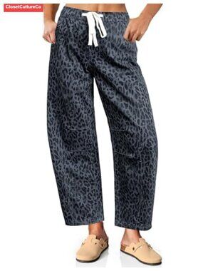 Wide Leg Barrel Jeans High Waisted Pull On Drawstring Stretch Denim